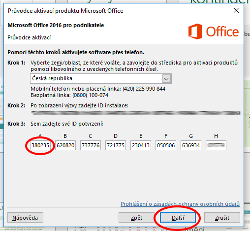 Potvrzení ID MS Office 2016